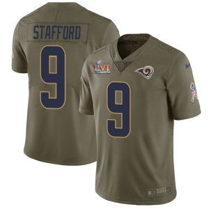Premium Rams #9 Matthew Stafford Olive Super Bowl LVI Patch Youth Stitched NFL Limited 2017 Salute to Service Jersey