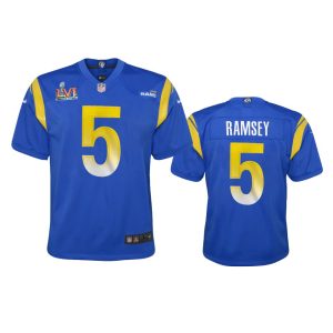 Exceptional Los Angeles Rams #5 Jalen Ramsey Youth Super Bowl LVI Patch Game NFL Jersey - Royal