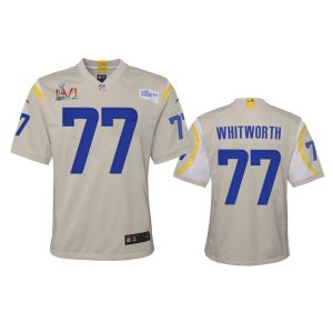 Exceptional Los Angeles Rams #77 Andrew Whitworth Youth Super Bowl LVI Patch Game NFL Jersey - Bone