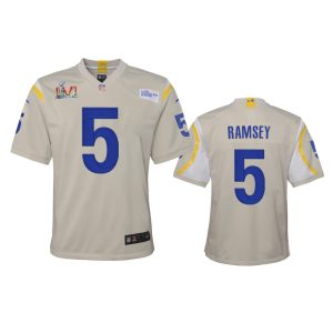 High quality Los Angeles Rams #5 Jalen Ramsey Youth Super Bowl LVI Patch Game NFL Jersey - Bone