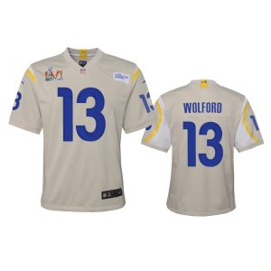 Exceptional Los Angeles Rams #13 John Wolford Youth Super Bowl LVI Patch Game NFL Jersey - Bone