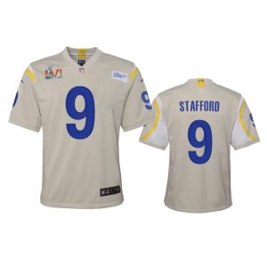 Exceptional Los Angeles Rams #9 Matthew Stafford Youth Super Bowl LVI Patch Game NFL Jersey - Bone