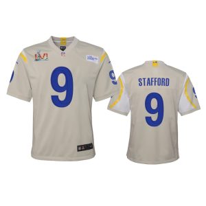 Outstanding Los Angeles Rams #9 Matthew Stafford Youth Super Bowl LVI Patch Game NFL Jersey - Bone