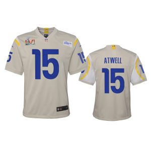 Marvelous Los Angeles Rams #15 Tutu Atwell Youth Super Bowl LVI Patch Game NFL Jersey - Bone