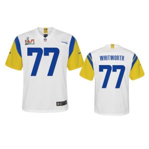 Exceptional Los Angeles Rams #77 Andrew Whitworth Youth Super Bowl LVI Patch Alternate Game NFL Jersey - White