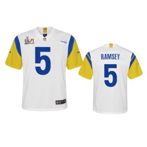 Outstanding Los Angeles Rams #5 Jalen Ramsey Youth Super Bowl LVI Patch Alternate Game NFL Jersey - White
