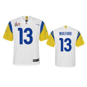 Outstanding Los Angeles Rams #13 John Wolford Youth Super Bowl LVI Patch Alternate Game NFL Jersey - White