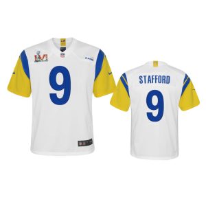 Superb Los Angeles Rams #9 Matthew Stafford Youth Super Bowl LVI Patch Alternate Game NFL Jersey - White