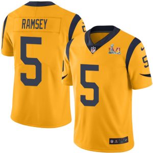 High quality Rams #5 Jalen Ramsey Gold Super Bowl LVI Patch Youth Stitched NFL Limited Rush Jersey