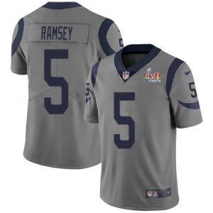 Premium Rams #5 Jalen Ramsey Gray Super Bowl LVI Patch Youth Stitched NFL Limited Inverted Legend Jersey