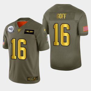 Exquisite Rams #16 Jared Goff Men's Olive Gold 2019 Salute to Service NFL 100 Limited Jersey