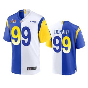 High quality Los Angeles Rams #99 Aaron Donald Men's Super Bowl LVI Patch Royal White Split Game NFL Limited Jersey
