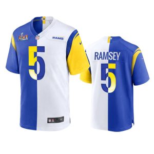Marvelous Los Angeles Rams #5 Jalen Ramsey Men's Super Bowl LVI Patch Royal White Split Game NFL Limited Jersey