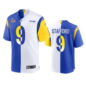 Marvelous Los Angeles Rams #9 Matthew Stafford Men's Super Bowl LVI Patch Royal White Split Game NFL Limited Jersey