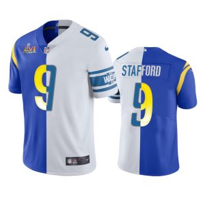 High quality Los Angeles Rams #9 Matthew Stafford Men's Super Bowl LVI Patch Royal White Split Game NFL Limited Jersey