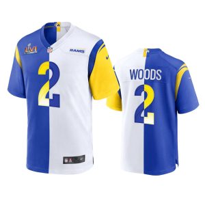 Outstanding Los Angeles Rams #2 Robert Woods Men's Super Bowl LVI Patch Royal White Split Game NFL Limited Jersey