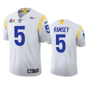 Outstanding Los Angeles Rams #5 Jalen Ramsey Men's Super Bowl LVI Patch 2021 Vapor Limited NFL Jersey - White