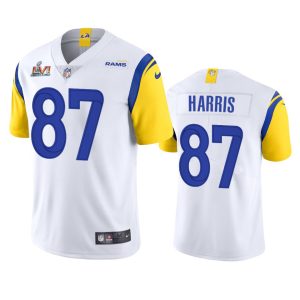 Exceptional Los Angeles Rams #87 Jacob Harris Men's Super Bowl LVI Patch Alternate Vapor Limited NFL Jersey - White