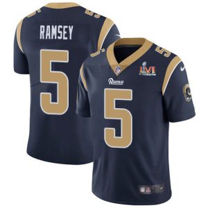 High quality Rams #5 Jalen Ramsey Navy Blue Team Color Super Bowl LVI Patch Men's Stitched NFL Vapor Untouchable Limited Jersey