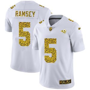 Finest Los Angeles Rams #5 Jalen Ramsey Men's Flocked Leopard Print Vapor Limited NFL Jersey White