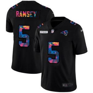 High quality Los Angeles Rams #5 Jalen Ramsey Men's Multi-Color Black 2020 NFL Crucial Catch Vapor Untouchable Limited Jersey