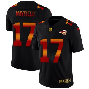Gorgeous Los Angeles Rams #17 Baker Mayfield Men's Black Red Orange Stripe Vapor Limited NFL Jersey