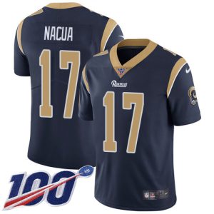 High quality Rams #17 Puka Nacua Navy Blue Team Color Men's Stitched NFL 100th Season Vapor Limited Jersey