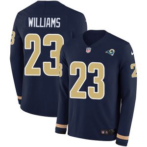 Finest Rams #23 Kyren Williams Navy Blue Team Color Men's Stitched NFL Limited Therma Long Sleeve Jersey