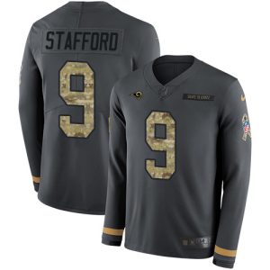 Gorgeous Los Angeles Rams #9 Matthew Stafford Anthracite Salute to Service Men's Stitched NFL Limited Therma Long Sleeve Jersey