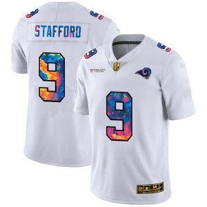 High quality Los Angeles Rams #9 Matthew Stafford Men's White Multi-Color 2020 NFL Crucial Catch Limited NFL Jersey