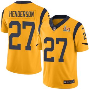Superior Rams #27 Darrell Henderson Gold Super Bowl LVI Patch Men's Stitched NFL Limited Rush Jersey