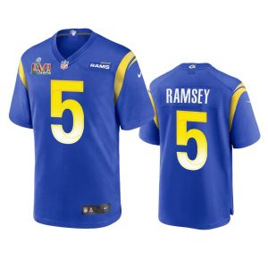 Marvelous Los Angeles Rams #5 Jalen Ramsey Men's Super Bowl LVI Patch Game NFL Jersey - Royal