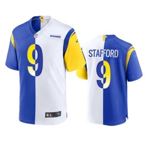 Gorgeous Los Angeles Rams #9 Matthew Stafford Men's Royal White Split Game NFL Limited Jersey