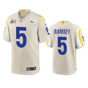 Premium Los Angeles Rams #5 Jalen Ramsey Men's Super Bowl LVI Patch Game NFL Jersey - Bone
