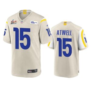Exquisite Los Angeles Rams #15 Tutu Atwell Men's Super Bowl LVI Patch Game NFL Jersey - Bone