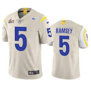 Superb Los Angeles Rams #5 Jalen Ramsey Men's Super Bowl LVI Patch Vapor Limited NFL Jersey - Bone